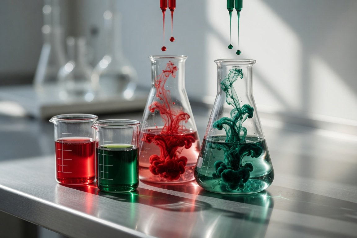 Bevande colorate in laboratorio: tre becheri e due beaker trasparenti con liquidi rosso, verde e turchese, mentre gocce colorate cadono dall’alto.