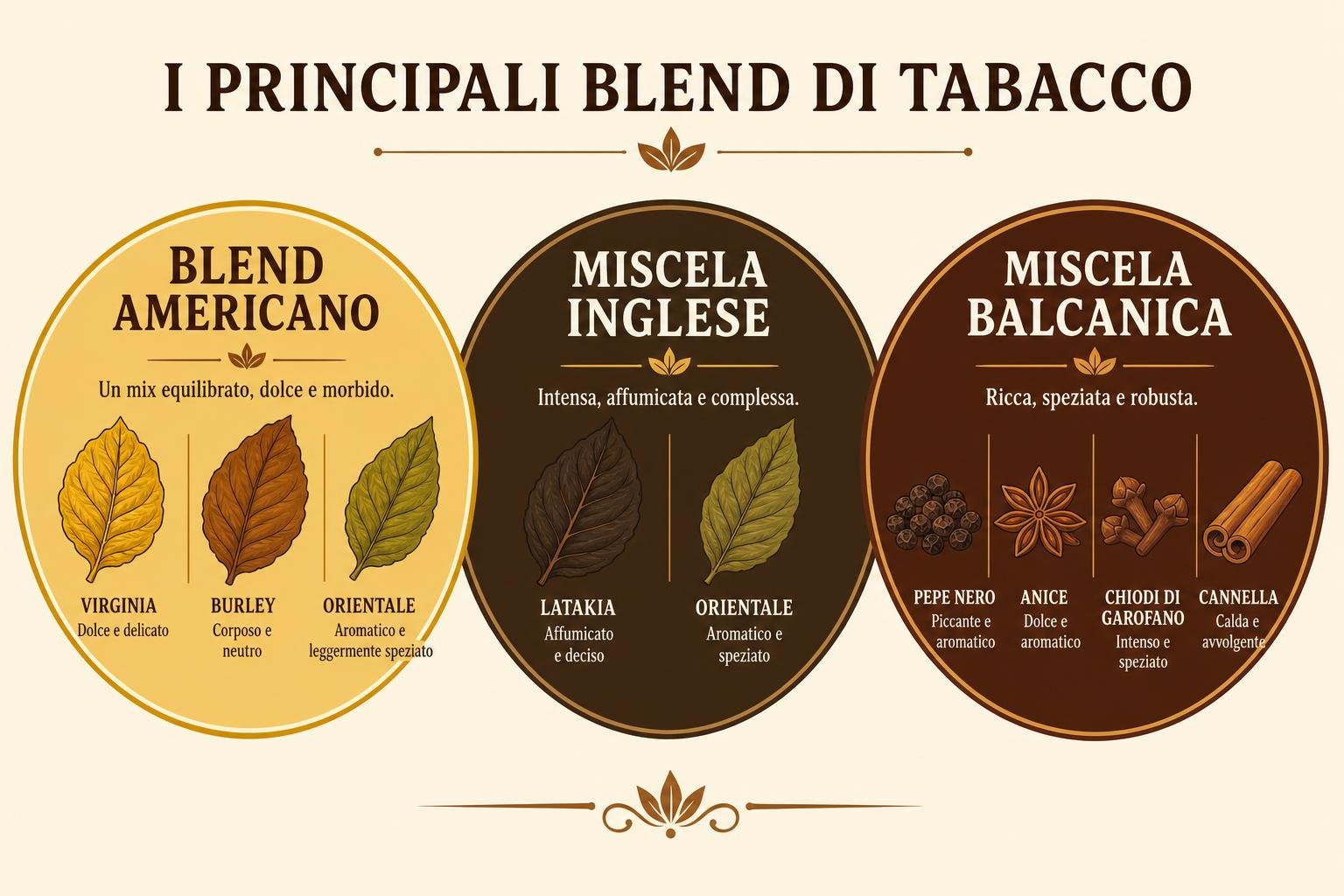 Blend di tabacchi chiari e scuri sigaretta elettronica: tre cerchi illustrano tipi di tabacchi, dal chiaro al scuro, con foglie e spezie.