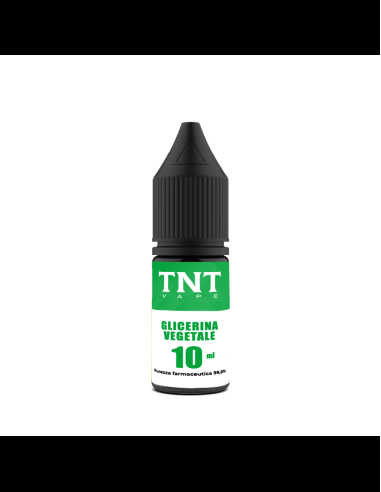 Bottiglia da 10 ml di glicerina vegetale TNT Vape, goccia contagocce con etichetta verde e tappo nero. come diluire liquido sigaretta elettronica integrato naturalmente nel testo.
