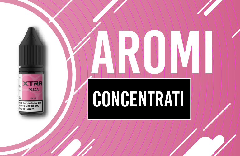 Bottiglia di liquido per sigaretta elettronica su sfondo rosa con testo “AROMI” e riquadro “CONCENTRATI” per carica aromatica sigaretta elettronica