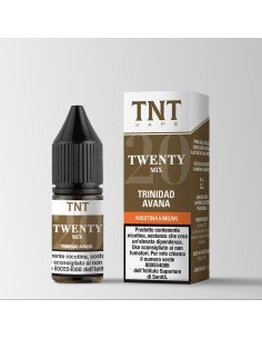 Bottiglietta di distillato di tabacco TNT Twenty Mix accanto alla confezione, su sfondo grigio. Distillato di tabacco come si fa nella descrizione.