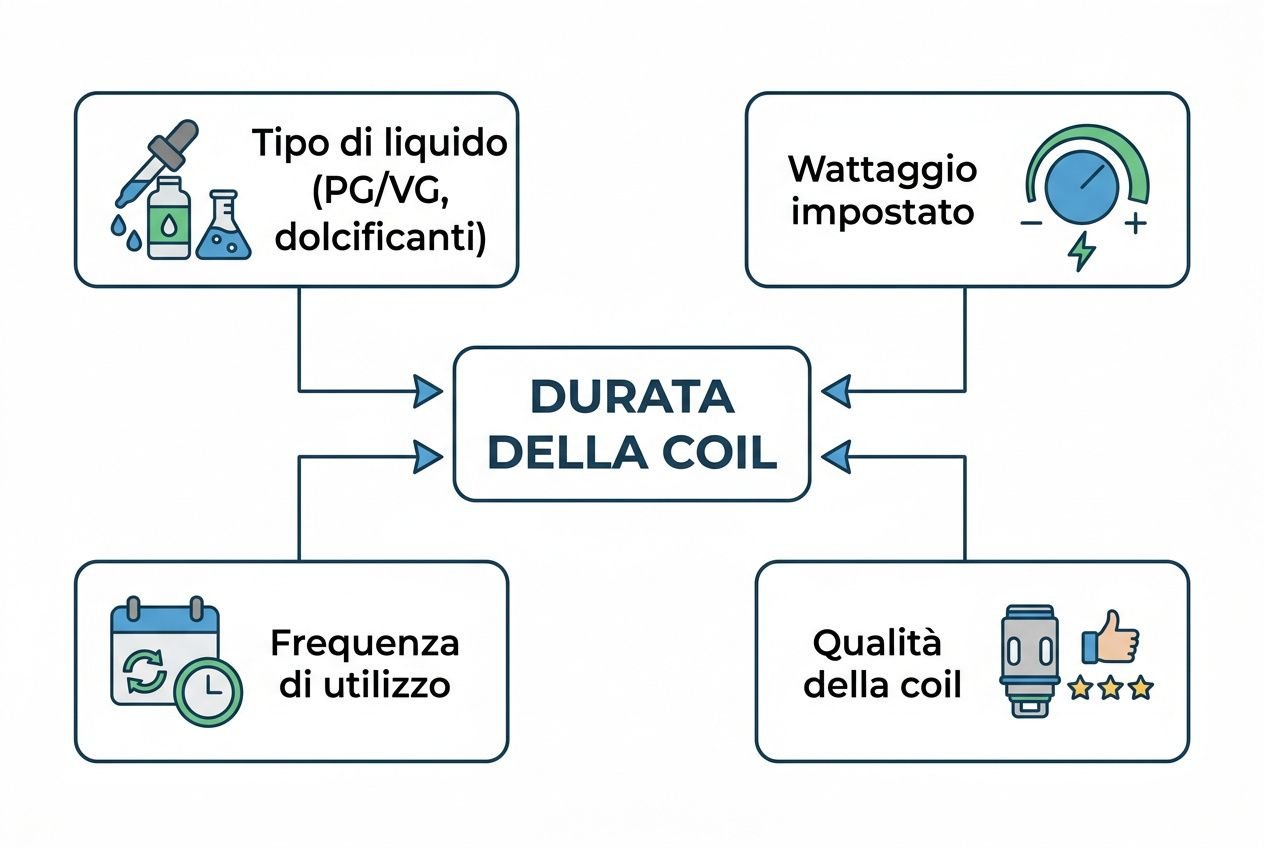 Coil sigaretta elettronica: diagramma sul tema “Durata della coil” con indicazioni su tipo di liquido, wattaggio impostato, frequenza di utilizzo e qualità della coil.