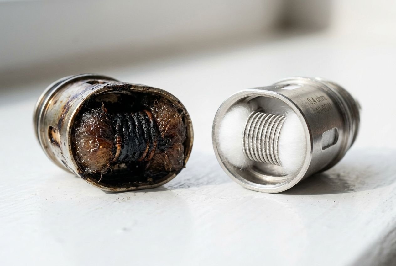 Coil sigaretta elettronica usurata e svitata, mostrata aperta con resistenza annerita e bruciata sul fondo.