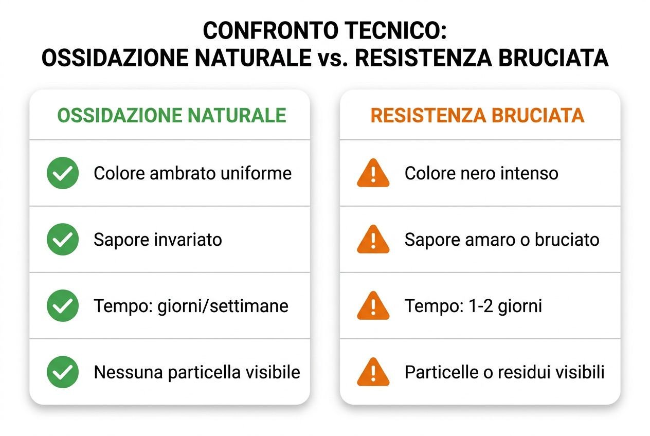 Confronto tecnico: ossidazione naturale vs. resistenza bruciata, evidenziando colori e sapori; testo correlato alla domanda perché alcuni liquidi diventano scuri nel tempo?