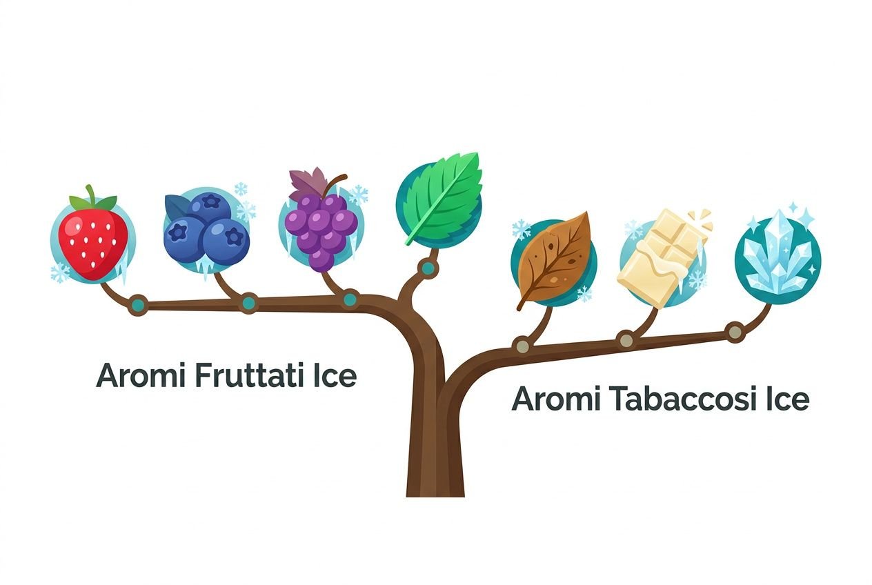 Diagramma di un albero delle aromi: frutti ghiacciati a sinistra e aromi tabaccosi ice a destra, con etichette Corretto per differenza tra aromi ice e normali per e-liquid