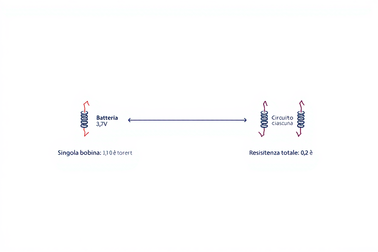 Diagramma semplice: batteria 3,7 V che alimenta una sigaretta elettronica; testo indica singola bobina 1,1 Ω e resistenza totale 0,2 Ω, spiegando la legge di ohm resistenza sigaretta.