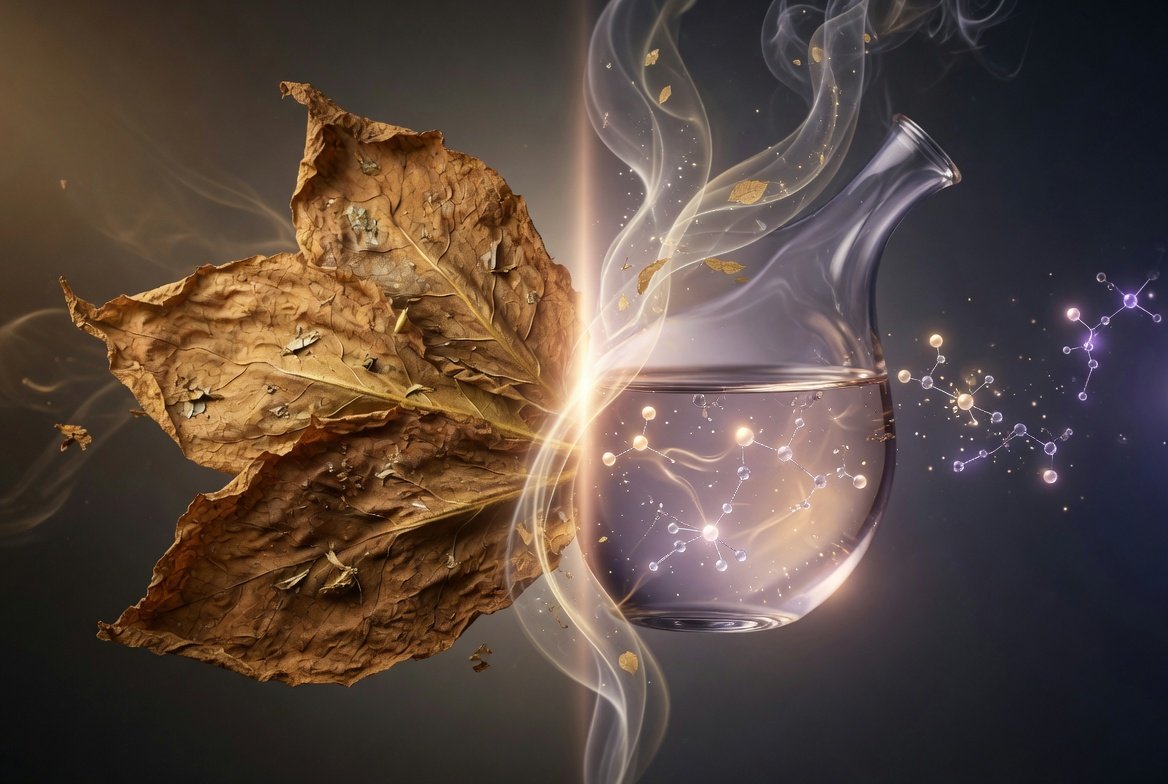 Distillato di tabacco in un bicchiere di vetro, con foglie secche e vapori aromatici che si intrecciano.