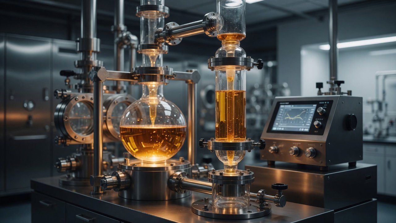 Distillazione in laboratorio: contenitori in vetro e vialaggi in acciaio, liquidi ambrati in reazioni controllate su planchet e strumentazione di precisione.