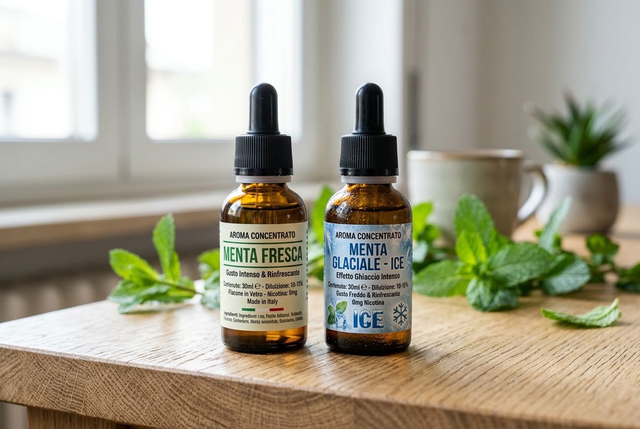 Due flaconi di aromi concentrati per e-liquid su tavolo in legno, con etichette mentolo e gelo, evidenziando differenza tra aromi ice e normali per e-liquid.
