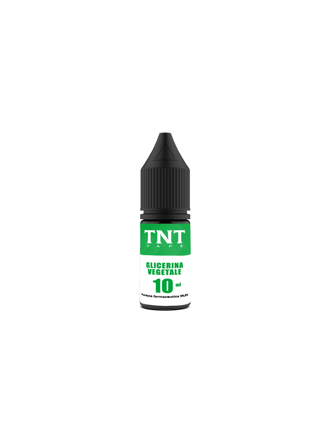Flacone da 10 ml di glicerina vegetale TNT Vape, etichetta verde, contagocce nero, prodotto farmacologico al 99,8%. come fare 100 ml di liquido con aroma e nicotina