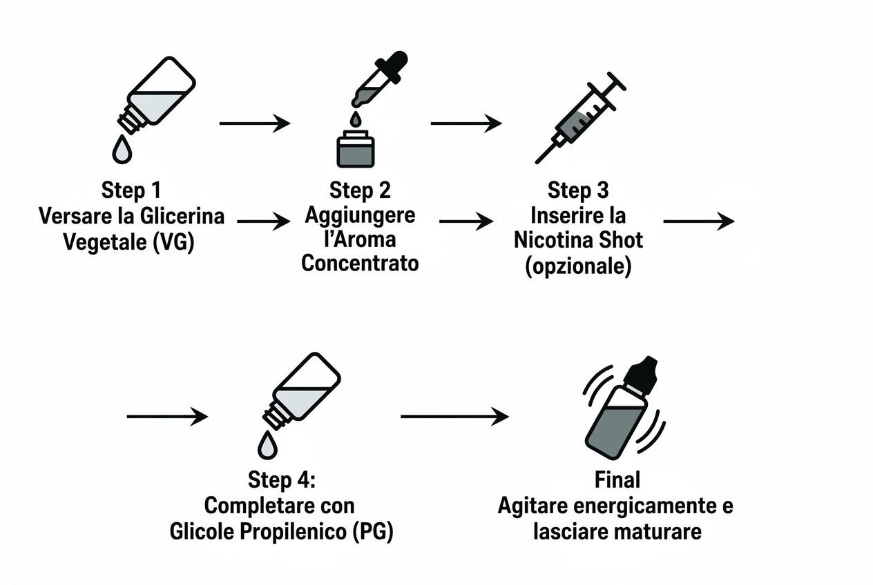 Guida grafica passo-passo su come diluire liquido sigaretta elettronica: versare VG, aggiungere aroma concentrato, opzionale Nicotina, completare con PG e agitare per maturare.