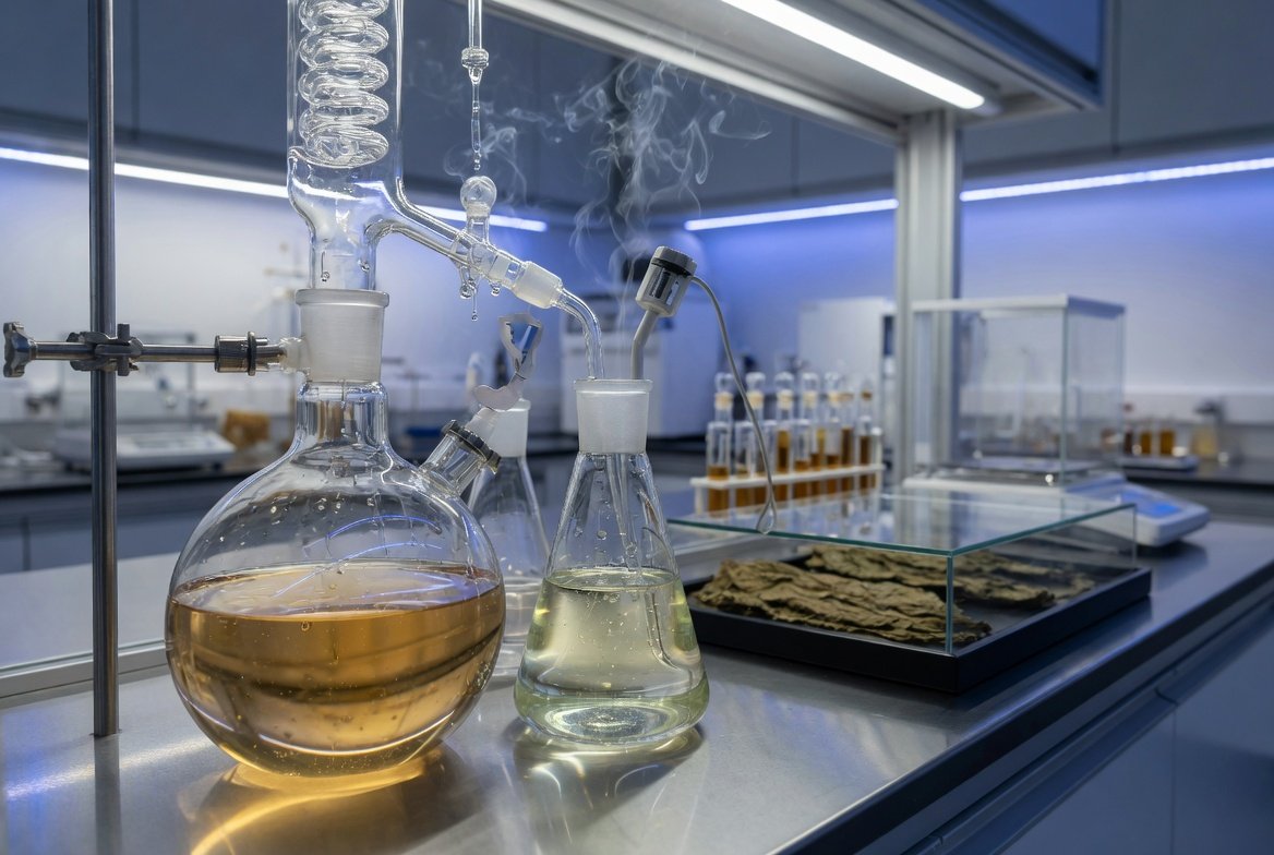 Laboratorio chimico con beute flessibili e distillatori in vetro che producono liquidi per sigarette elettroniche.