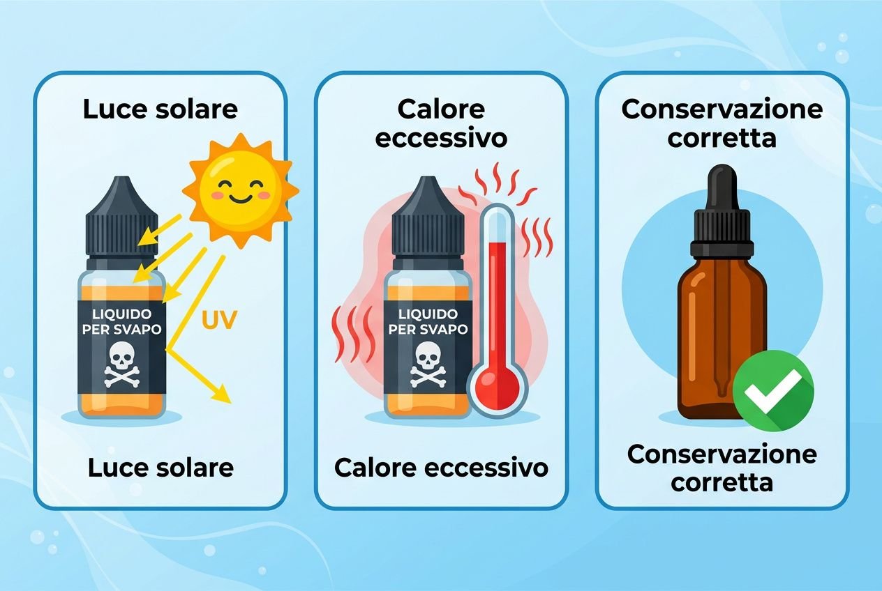 Liquido per sigaretta elettronica che diventa scuro a causa di esposizione solare, calore e conservazione non corretta, con tre elementi: luce solare, calore e contenitore per conservazione. Perché alcuni liquidi diventano scuri nel tempo?