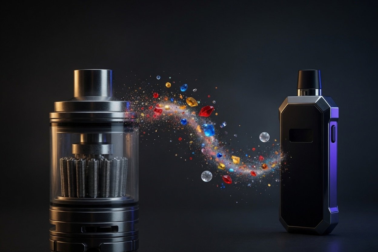 Liquido vaping in vaporizzatore rigido: scintille colorate tra le parti del dispositivo vape e l’atomizzatore.