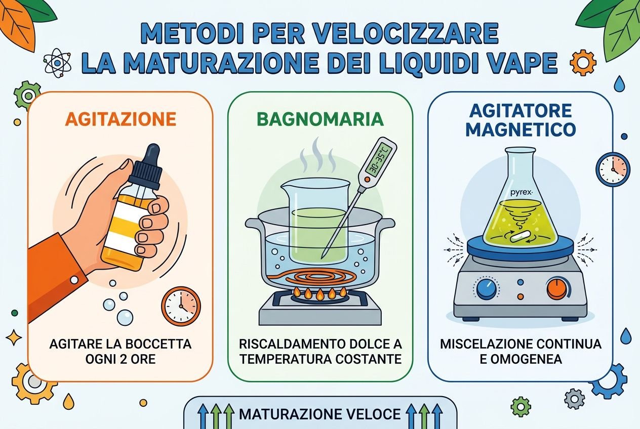 Metodi per velocizzare la maturazione dei liquidi vape: agitatore, bagnomaria e agitator magnetico con istruzioni visive; includendo tempi di riposo aromi svapo preparati.