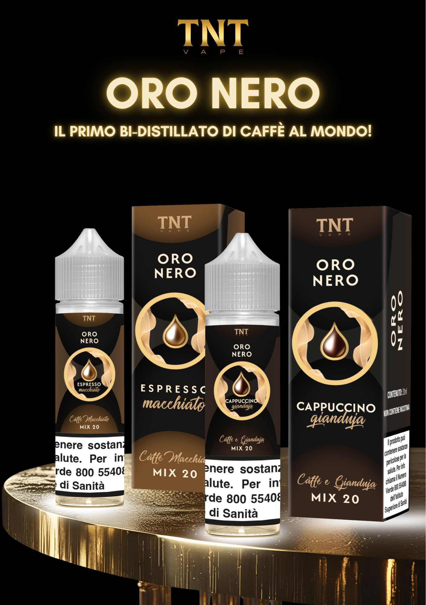 Oro Nero di TNT Vape: kit di sigarette elettroniche con flaconi e confezione nera, branding elegante e dettaglio goccia dorata. nuovo prodotto espresso macchiato e cappuccino mix 20.