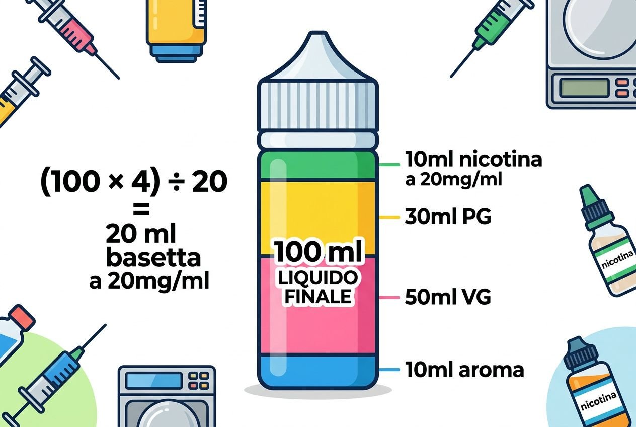 Procedura illustrata per creare 100 ml di liquido finale con aromi e nicotina, come fare 100 ml di liquido con aroma e nicotina.