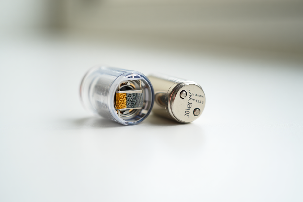 Sigaretta elettronica smontata con resistenza interna visibile e top-cap metallico, legata alla legge di ohm resistenza sigaretta per calcolo ohm e watt.