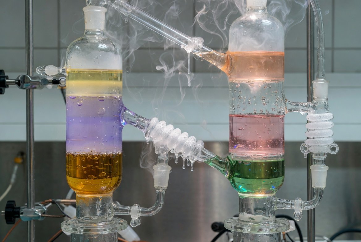 Sistema di distillazione in laboratorio con contenitori colorati e tubazioni, Vapori visibili e riflessi di vetro.