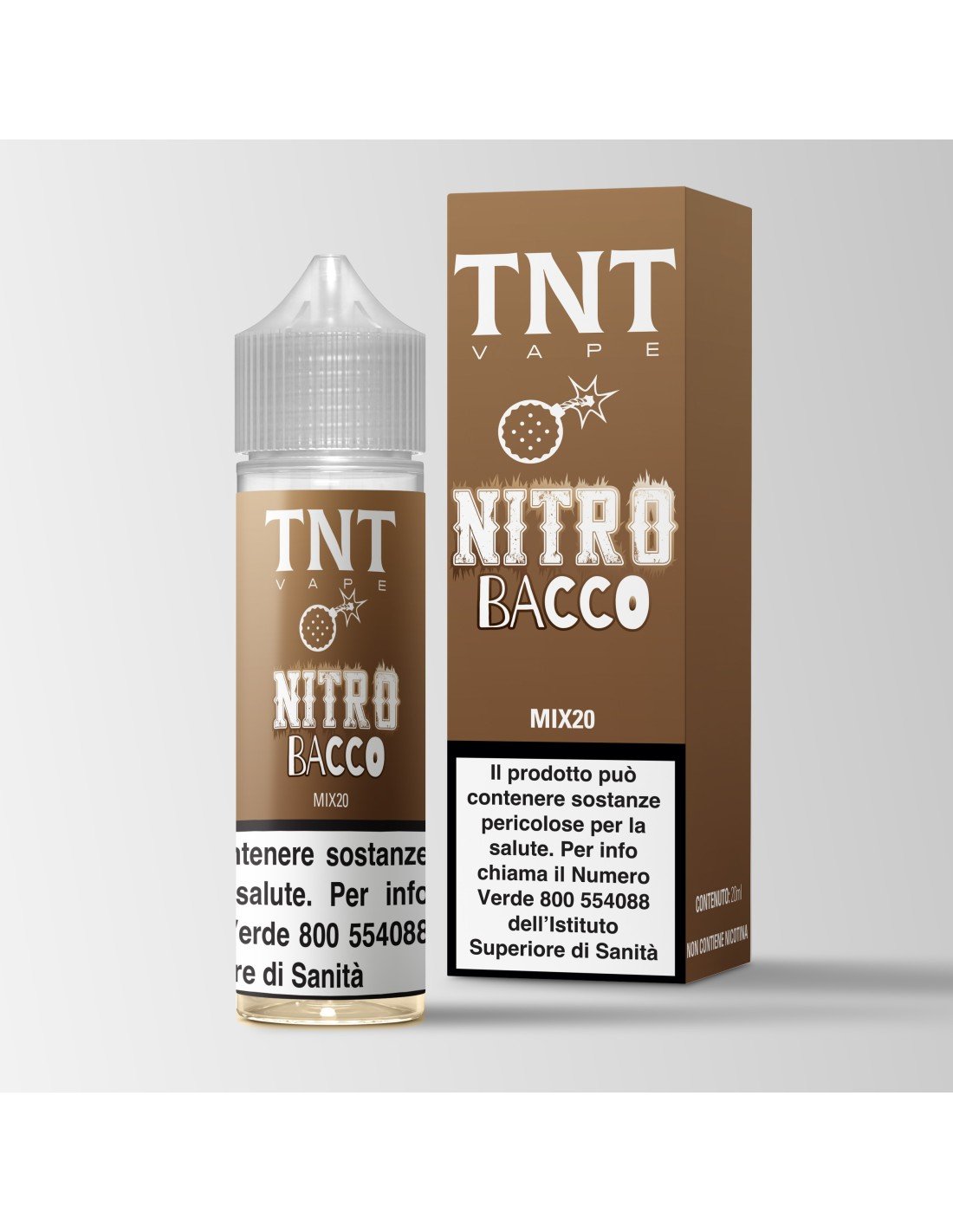 La storia dei liquidi ry4: confezione e flacone di Nitro Bacco con gusto tabacco caramello vaniglia TNT Vape.