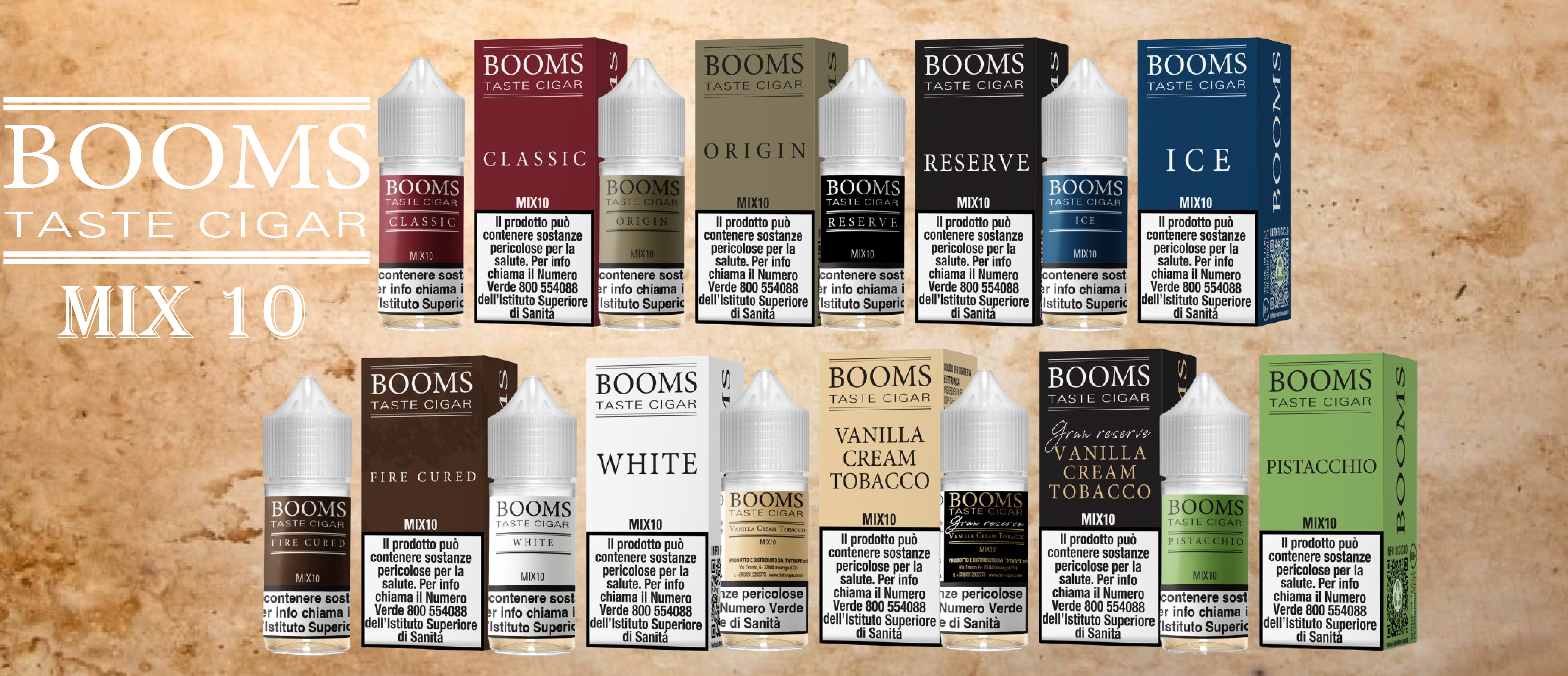 La storia dei liquidi ry4: kit Booms Taste Cigar con varie confezioni e flaconi, sui sfumature colorate.
