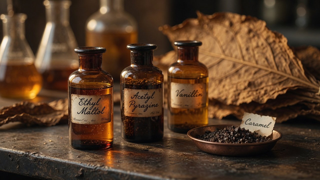 Tre flaconi di liquidi aromatici su una superficie scura, etichette leggibili con nomi come Ethyl Maltol, Acetyl Pyrazine e Vanillin; una piccola ciotola con granelli scuri etichettata Caramel, foglie secche sullo sfondo.